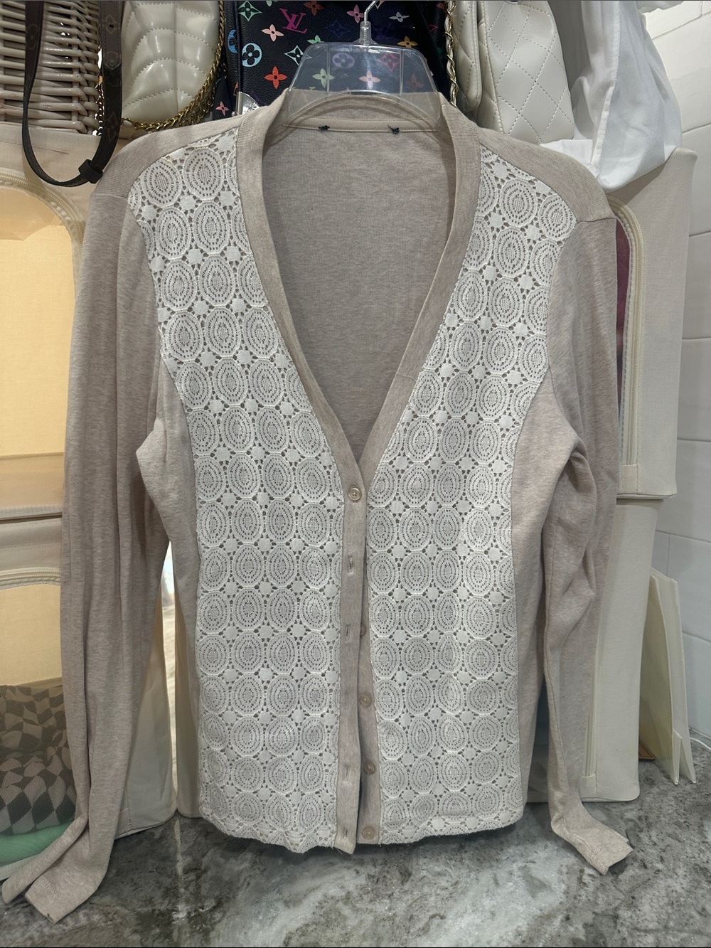 Beige Women's Lace-Front Button Cardigan